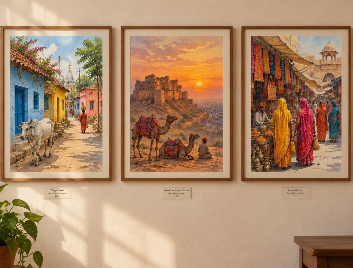 Three original paintings of typical Indian scenes